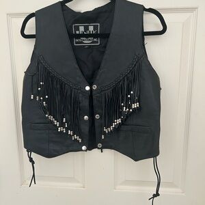 Leather Fringe Snap-Front Vest - Black
